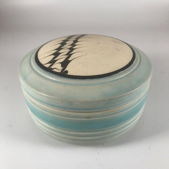 Vintage Ceramic Pottery Round Chinoiserie Box Light Blue Black Feathered Design